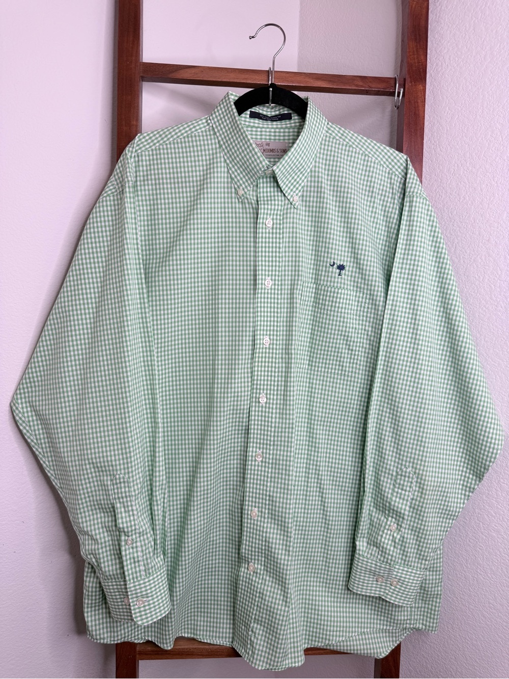 M. Dumas & Sons Charleston Gingham Sport Shirt Long Sleeve Green White Size L